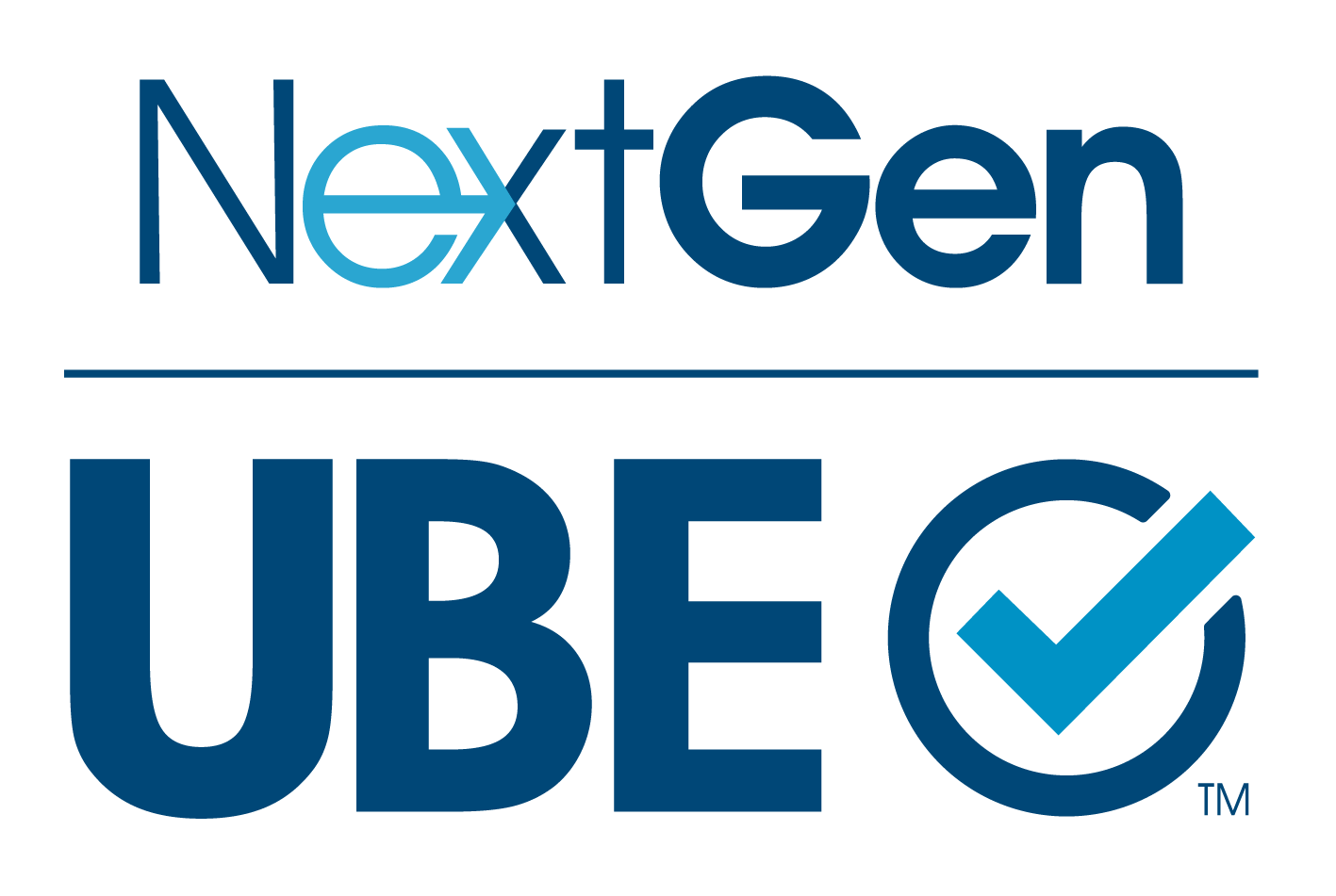 NextGen UBE logo. UBE stands for Uniform Bar Examination. Logo is in two shades of blue and includes a circle with a checkmark inside it.