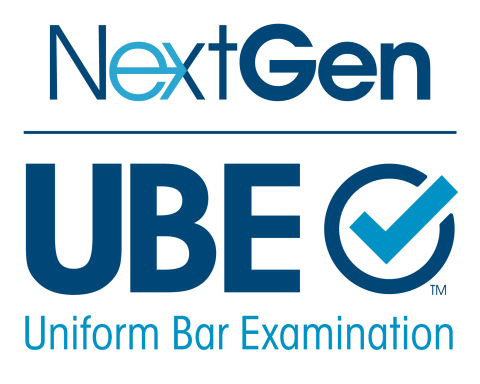 Logo for NextGen UBE Uniform Bar Examination. Logo is two shades of blue and includes a circle with a checkmark inside it. 