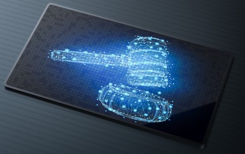 image of gavel made up of glowing pixels