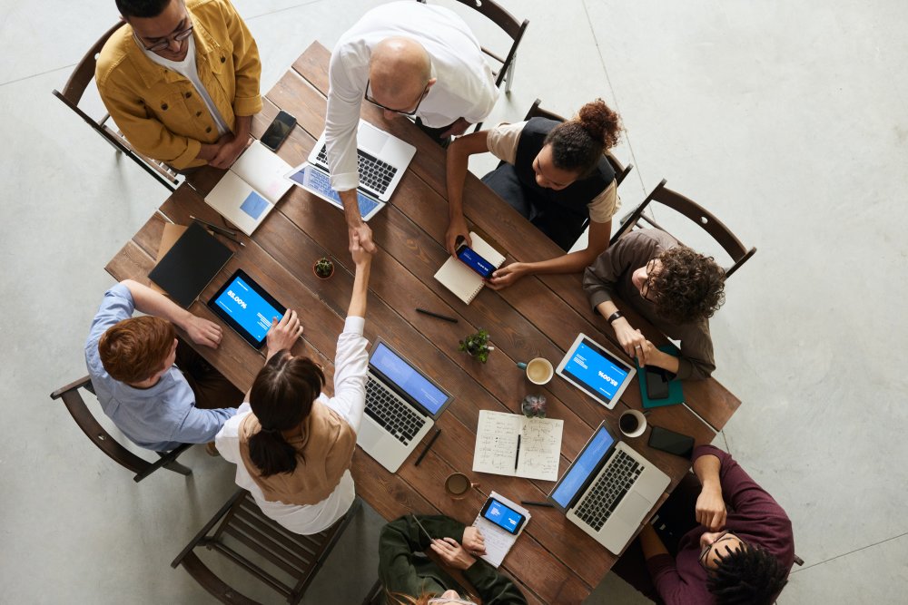 overhead view of business people at a table