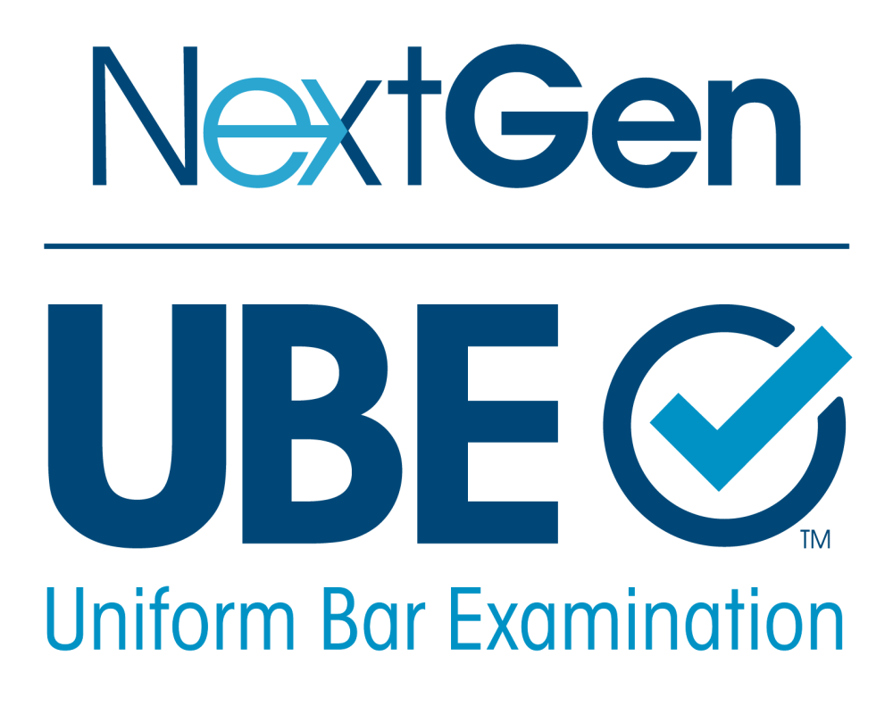 Logo for NextGen UBE Uniform Bar Examination. Logo is two shades of blue and includes a circle with a checkmark inside it.