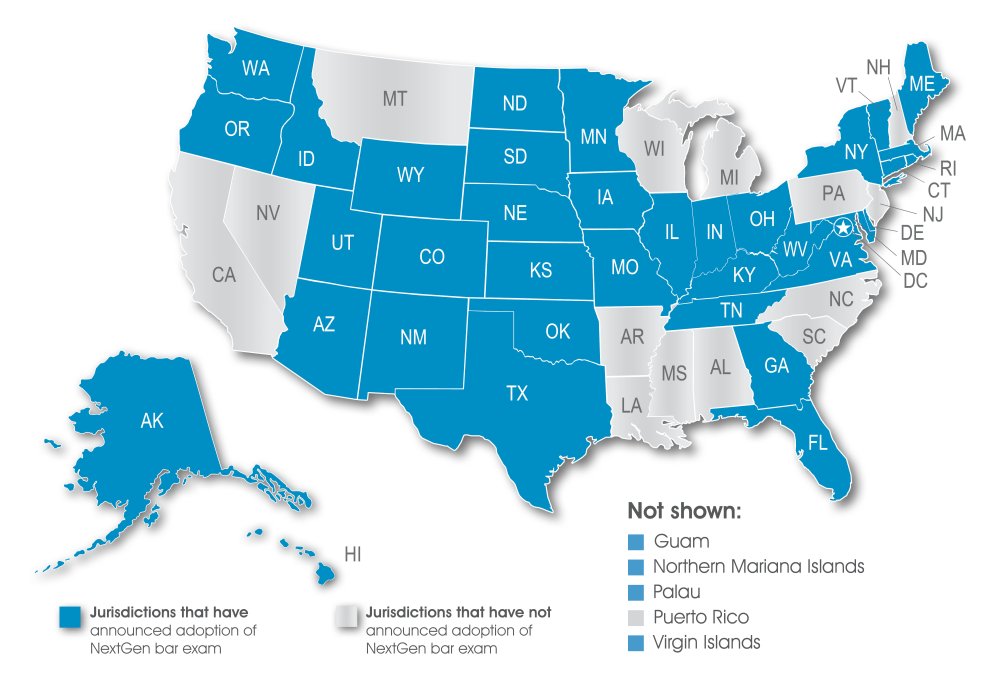 Map of United States showing jurisdictions that have adopted the NextGen Bar Exam (shaded in blue)